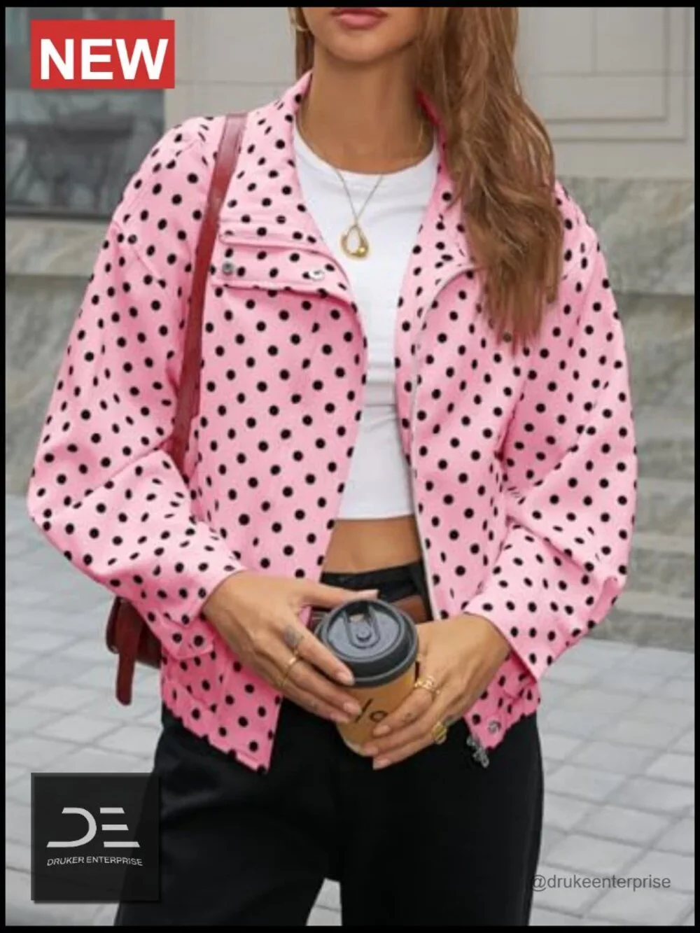 Polka Dot Cropped Zip Up Oversized Jacket Lightweight Casual